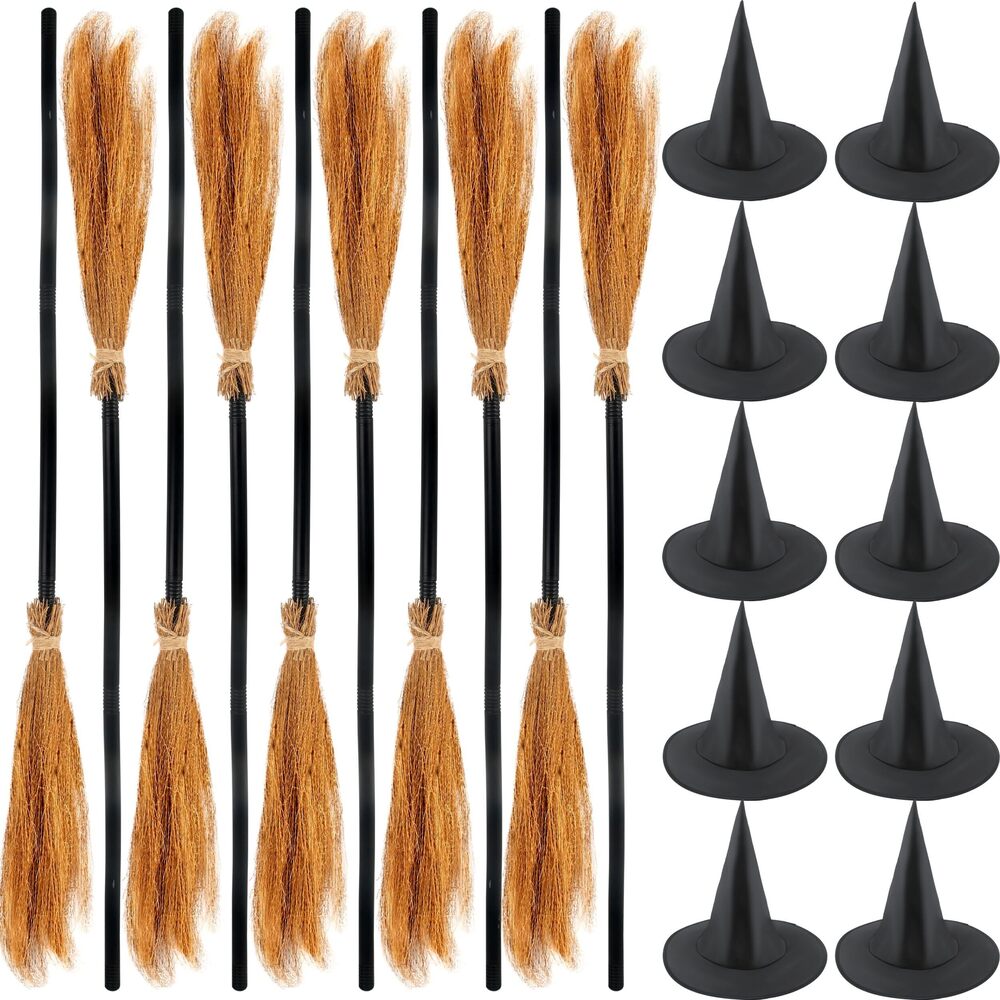 2255 20 Pack Halloween Witch Broom and Hat Set Including 10 Pcs Witch Straw
